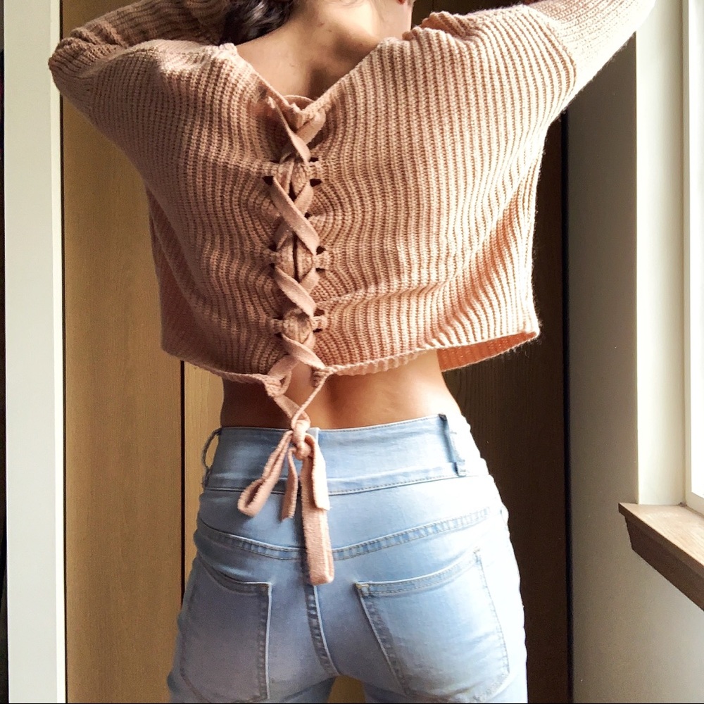 Forever 21 Lace-Up Waffle Knit Lt Peach Sweater